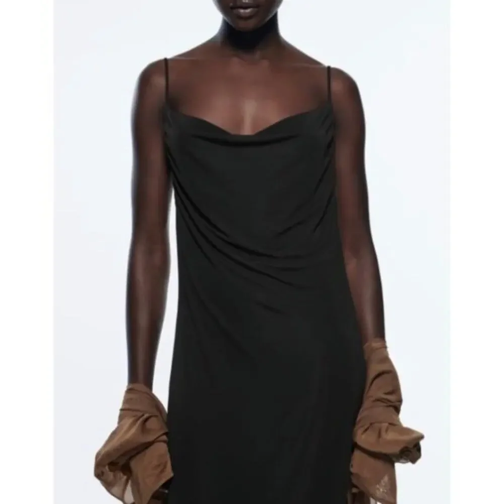 ZARA Classic Black Satin Midi Slip Dress Size M